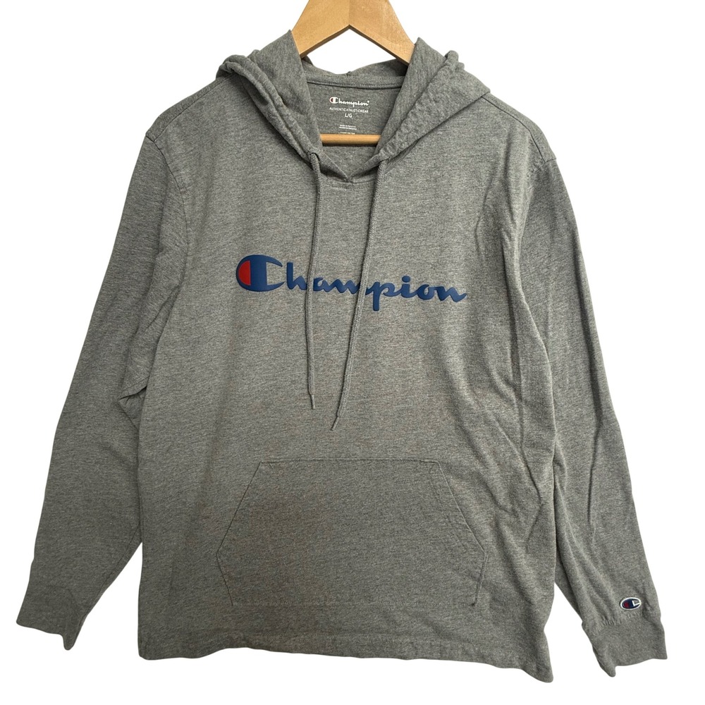Champion Mens Gray Script Logo Lightweight Long Sleeve‎ Hoodie Shirt Large L/G